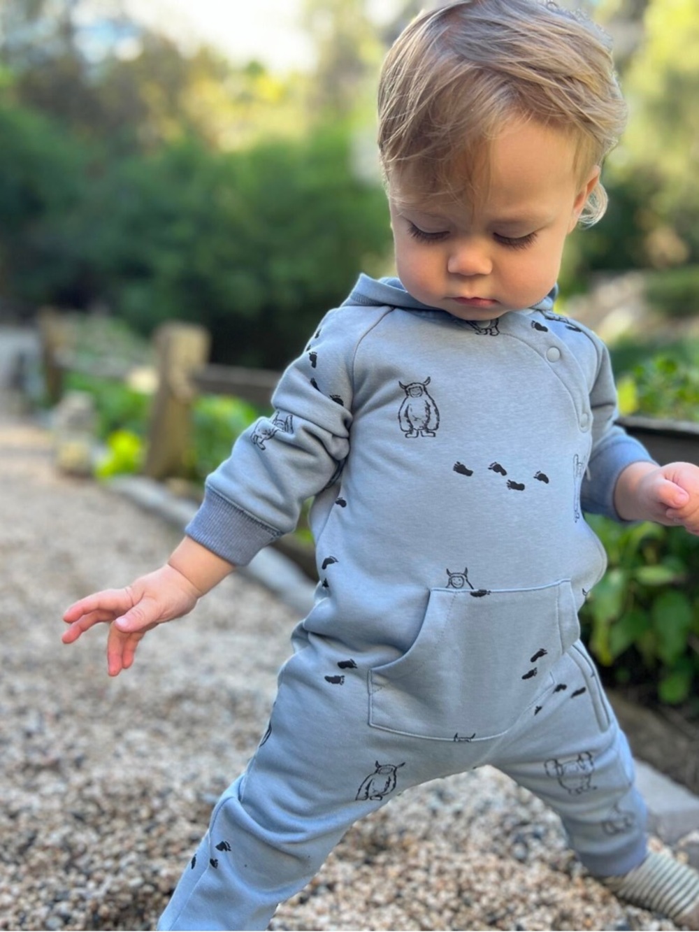 Blue Toddler Hooded One-Piece Bodysuit with Pocket
